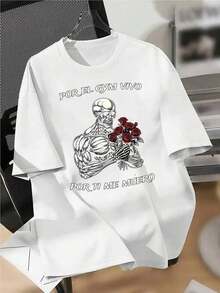 Short-Sleeved T-Shirt With A Skull, Rose, And Graffiti Print, American Urban Design, Unisex, High Street Style, For Couples. Loose-Fitting, Casual, And Versatile T-Shirt. - 白色的 - 查看 4