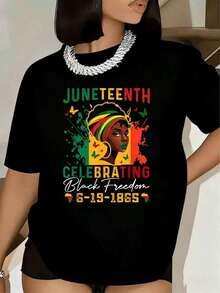 Women's Juneteenth T-Shirt Celebrating Freedom 6 19 1865 African American Woman With Headscarf And Butterfly Print Short Sleeve Crew Neck T-Shirt For Juneteenth Festival, Party And Celebration 220g - 黑色 - 查看 1