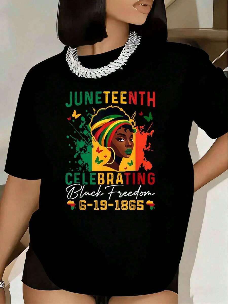 Women's Juneteenth T-Shirt Celebrating Freedom 6 19 1865 African American Woman With Headscarf And Butterfly Print Short Sleeve Crew Neck T-Shirt For Juneteenth Festival, Party And Celebration 220g - 黑色 - 查看 1