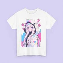Vintage Pastel Cat Ear T-Shirt For Girls | Cute Comic Book Girl | Harajuku Style Japanese Streetwear | Unisex Loose Fit | Kawaii Anime | Anime Fashion Items - 白色 - 查看 4