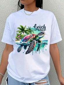 Women's Casual Beachwear, Sea Turtle Print, 100% Cotton, Loose Fit, Crew Neck, Short Sleeve T-Shirt, Casual, For Summer Vacation, Ocean-Inspired Print T-Shirt For Everyday Wear, Bohemian Blouses For Women - 白色 - 查看 7