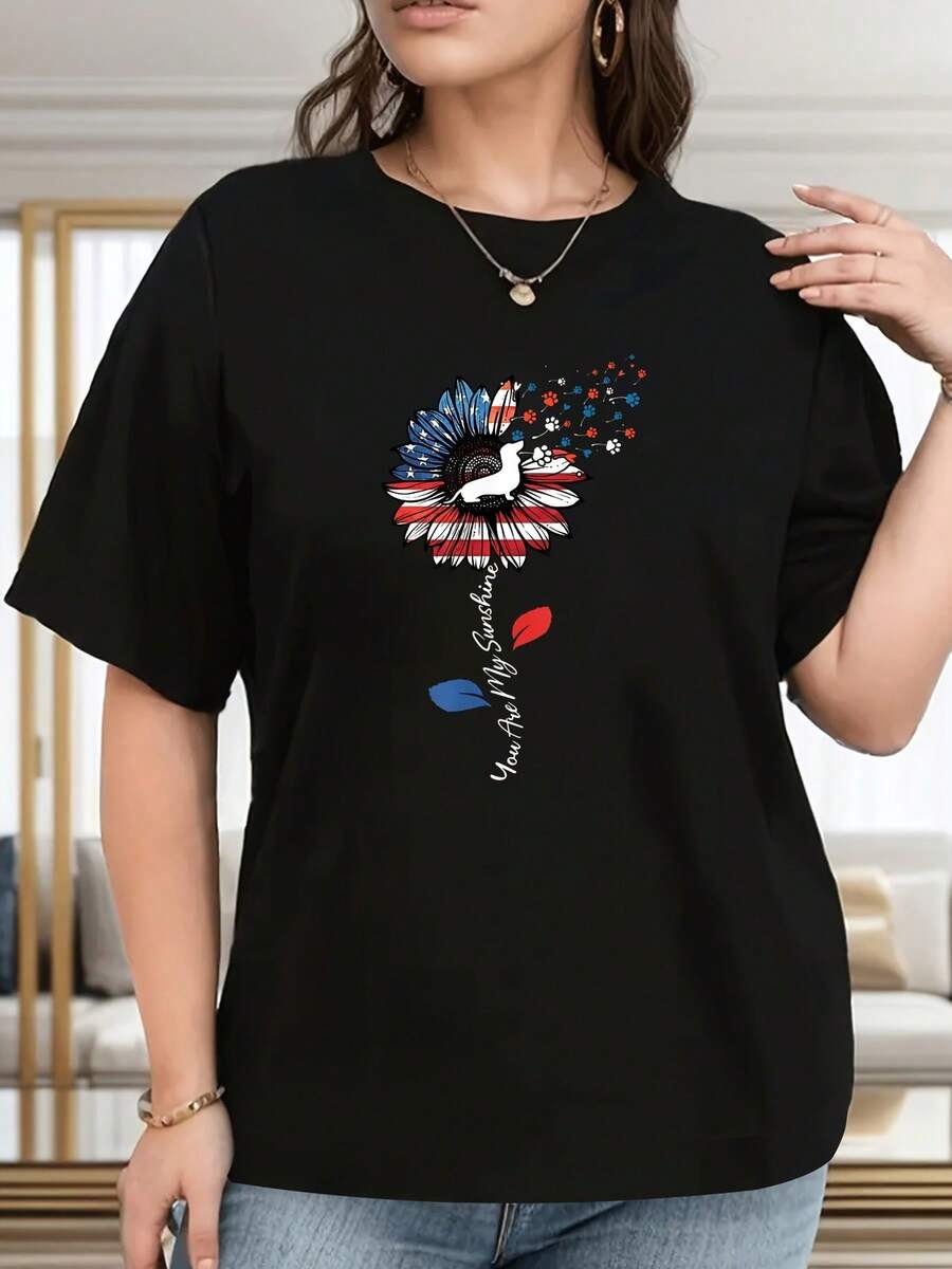 Women's Cotton Crew Neck T-Shirt, One Size Fits Most, Loose And Breathable. Features Sunflower And Puppy Silhouettes In Red/White/Blue With The Text "You Are My Sunshine," Perfect For Celebrating National Dog Day. FVD8 - 黑色 - 查看 1