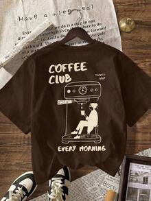Camiseta con Estampado Coffee Club, Camiseta Casual de Manga Corta y Cuello Redondo para Mujer, para Primavera y Verano - Marrón - Ver 2