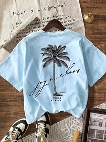 Women's Short-Sleeved T-Shirt With Round Neck And Palm Print, Summer Beachwear For Vacation. - 天藍色 - 查看 2