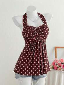 Top de tirantes con estampado de lunares marrones y detalle de nudo en la espalda para mujer, adecuado para verano, vacaciones de primavera, ceremonia de graduación, fiesta de boda, vacaciones elegantes, playa casual, estilo Y2K lindo y sexy y - Marrón - Ver 1