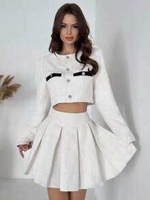 Set de 2 piezas para mujeres con blusa de cuello redondo y botones y minifalda - Blanco - Ver 4
