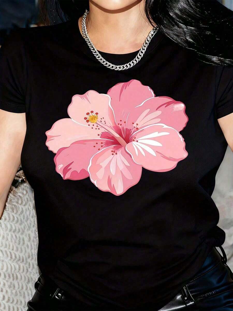New Arrivals For Summer. Women's Pink Floral Print T-Shirt - Casual Round Neck, Short Sleeves, Stylish And Comfortable, Ideal For All Seasons, For Casual Outfits, Parties And Cosplay, Everyday Wear T-Shirt, Floral Print Blouse, Shirt > Beautiful. - 黑色 - 查看 1