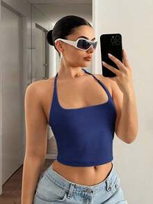 Camiseta de mujer de tirantes con cuello halter de unicolor - Azul marino - Ver 5