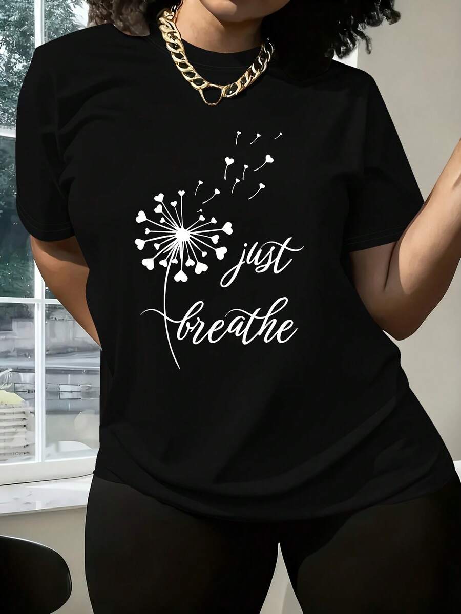 Plus Size - Plus Size - Women's Plus Size Casual Short Sleeve T-Shirt - Floral Print & "Just Breathe" Print, Navy Blue, Crew Neck, Machine Washable, Comfortable All-Season Style, Women's T-Shirt - 黑色 - 查看 1