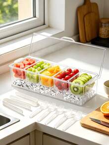 Cold Seasoning Storage Box, Equipped With 5 Forks And 2 Pliers, Salad Storage Box, Suitable For Entertainment Parties With Lid, Bar Decoration Rack, Detachable Box With 5 Compartments - Transparent - View 10