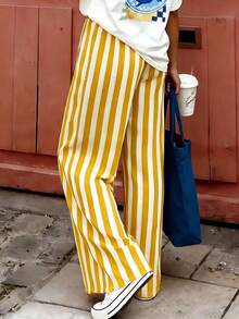 Pantalones sueltos y casuales a rayas para mujer, pantalones ligeros y cómodos de estilo bohemio elegante para primavera, verano y otoño, vacaciones en color rosa - Amarillo - Ver 2