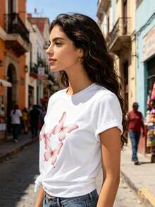Limited Time Offer, Limited Quantities, Flash ! Women's Casual Shirt, Stylish Short-Sleeved Sports T-Shirt For Women, Adorned With Three Semi-Transparent Glitter Butterflies. - 白色 - 查看 2