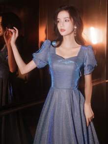 Women's Long Multicolored Party Dress, Short Puff Sleeves With V-Neck, Shiny Charro-Style Fabric, Elegant Princess Style Ideal For Banquets And Graduations. - 藍色 - 查看 3