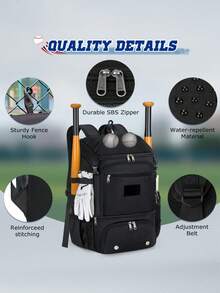 NEWHEY Baseball Backpack, Lightweight Softball Bag With Shoe Compartment Baseball Bag For Youth & Adult Softball Bat Bag With Fence Hook Helmet Holder Sports Backpack For T-Ball - Black - View 6