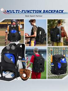 NEWHEY Baseball Backpack, Lightweight Softball Bag With Shoe Compartment Baseball Bag For Youth & Adult Softball Bat Bag With Fence Hook Helmet Holder Sports Backpack For T-Ball - Black - View 8