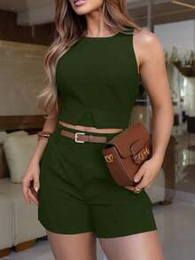 2 piezas de top ajustado de cuello redondo sexy y shorts casuales para mujer - Verde militar - Ver 4
