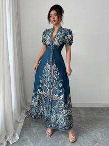 Elenzya Vestido elegante de línea A con estampado digital de retazos, cuello en V profundo y cintura ceñida, color albaricoque, adecuado para cenas formales, citas y bodas de mujeres (con flor en posición) - Multicolor - Ver 6