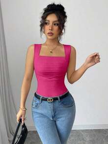 Camiseta sin mangas ajustada de cuello redondo con pliegues en color liso elegante y casual para mujer - Rosa Fucsia - Ver 4