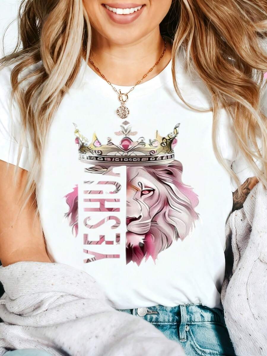 Lion Queen Graphic T-Shirt, 100% Cotton Oversized Soft Breathable Casual Crewneck Short Sleeve Top, Aesthetic Summer Vibes Streetwear Tee for Women & Animal Lovers