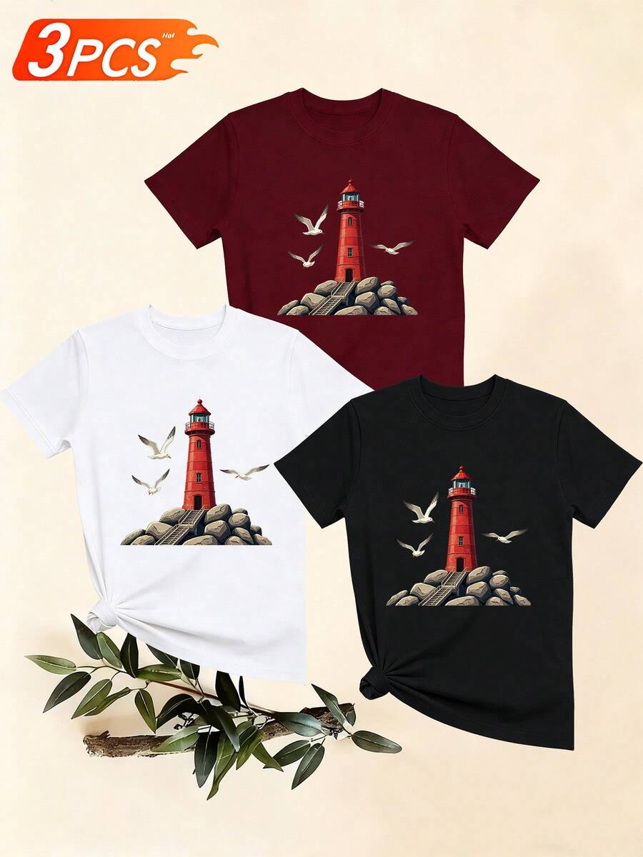 Women's T-Shirts, Women's T-Shirts, Casual Style T-Shirt With Lighthouse And Seagull Print For Women, Comfortable And Breathable Summer Top. - 1件黑色隨機圖案 - 查看 1