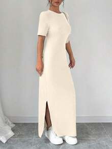 Vestido largo de mujer de manga corta con cuello en V y bajo dividido, de unicolor, vestido maxi elegante de color burdeos, vestido largo ajustado, vestido largo rojo, vestido maxi de manga corta para mujer, vestidos de mujer, vestido largo ajust - Albaricoque - Ver 3