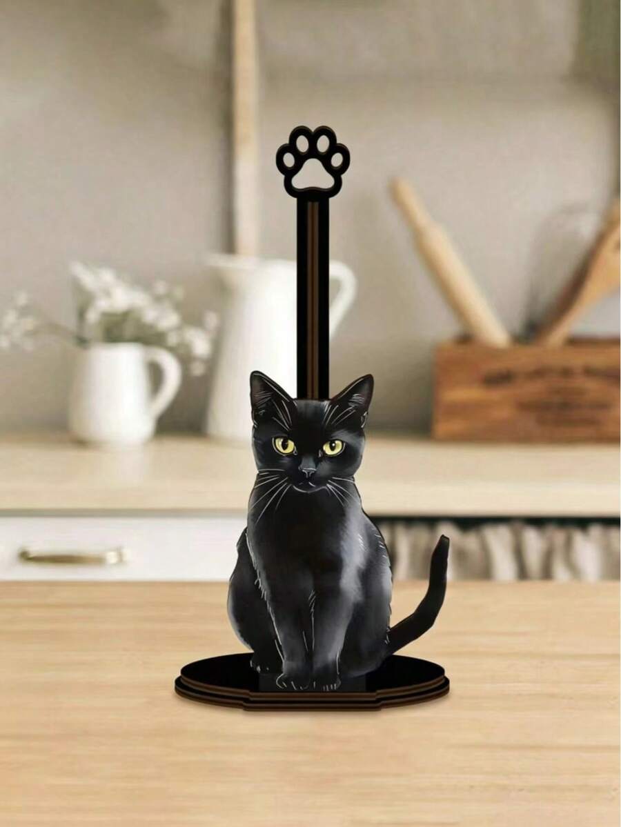 Wooden Black Cat Shaped Kitchen Paper Towel Holder, Single Layer Dishcloth Rack, Vertical Kitchen Paper Towel Stand, Countertop Paper Towel & Cling Wrap Storage Rack - Multicolor - View 1