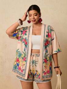 2 piezas Conjunto de talla grande Chaqueta de manga corta con estampado de leopardo, casual y de moda para uso diario - Rosa coral - Ver 6