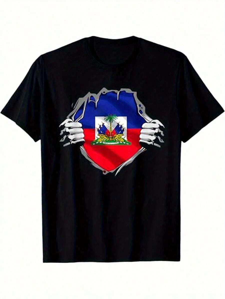 Camisetas gráficas de manga corta para mujer, con estampado de insignia de Haití, 100% algodón, estilo casual, cuello redondo, transpirables, cómodas, para uso diario, estilo vintage. - Negro - Ver 1