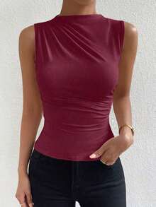 Blusa casual versátil con cuello alto y plisados para mujer - Burdeos - Ver 3