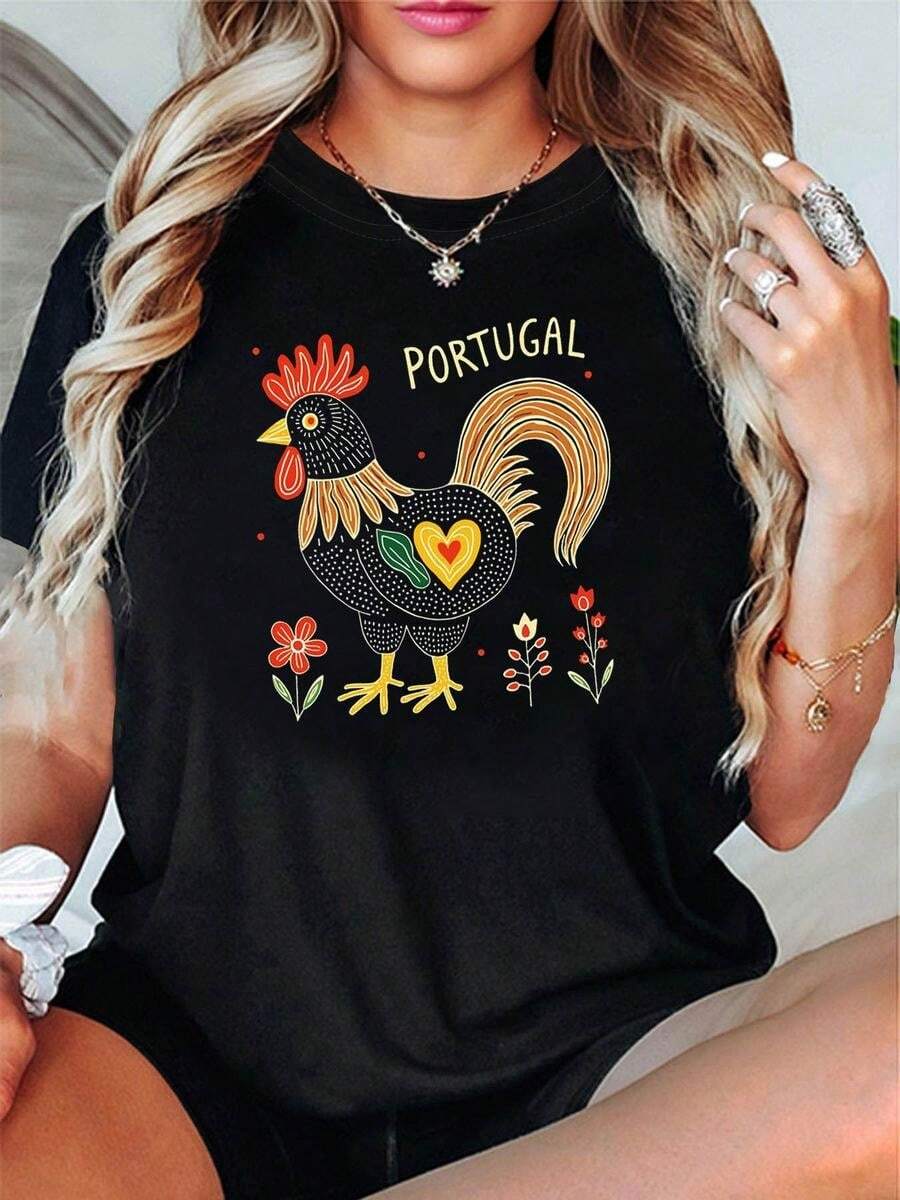 1 Piece, Classic And Versatile Pure Cotton Short-Sleeved T-Shirt, Suitable For Any Season, With A Distinctive Portuguese Rooster Heart Design For Women, Modern Style - Hitam - View 1