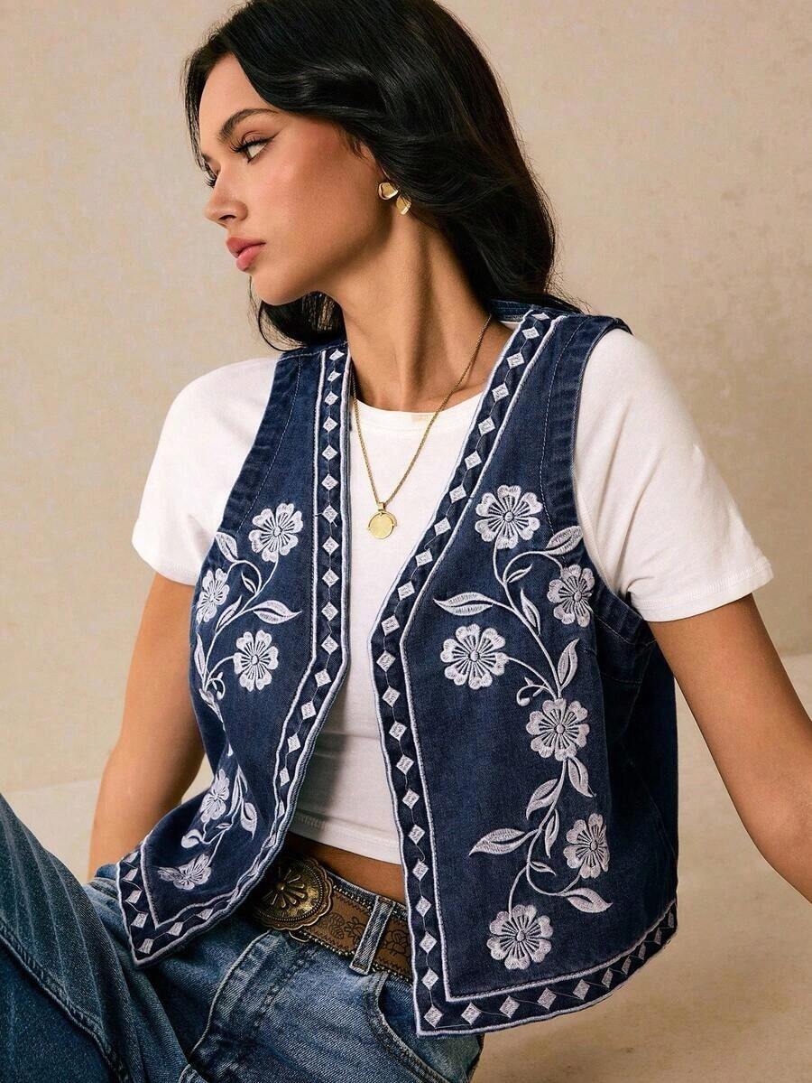 Chaleco de mezclilla con bordado floral para mujer, chaqueta de mezclilla bohemia azul para mujer, chaqueta de mezclilla de frente abierto de moda, parte superior de verano linda para conciertos country Y2K, salir, vintage, otoño - Azul lavado oscuro - Ver 1