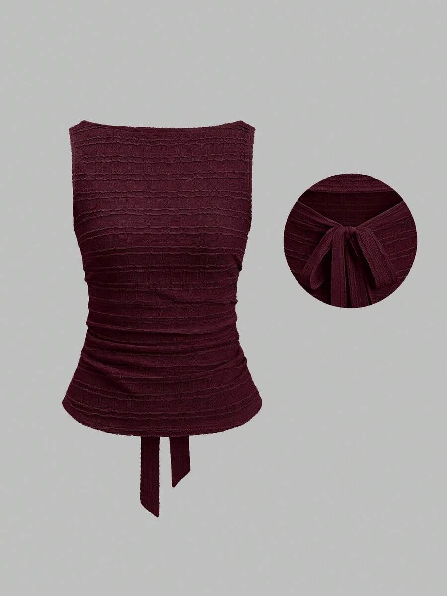 Camiseta casual de mujer con cuello redondo y volantes en el borde, de color liso - Burdeos - Ver 1