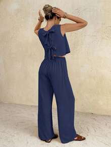 Conjunto informal de 2 piezas con top de cuello redondo y lazo en la espalda, y pantalones de cintura elástica de unicolor para mujer - Azul marino - Ver 1