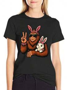 Women's Casual Cotton T-Shirt With Fun Print, Rabbit Ears And Peace Symbol. - 黑色風格. - 查看 1