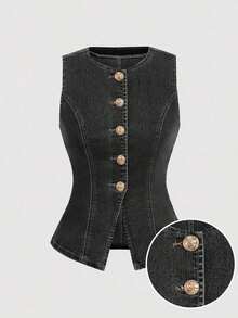 Top de mezclilla sin mangas para mujer, vaquero casual elástico y ajustado, de verano - Gris Oscuro - Ver 1