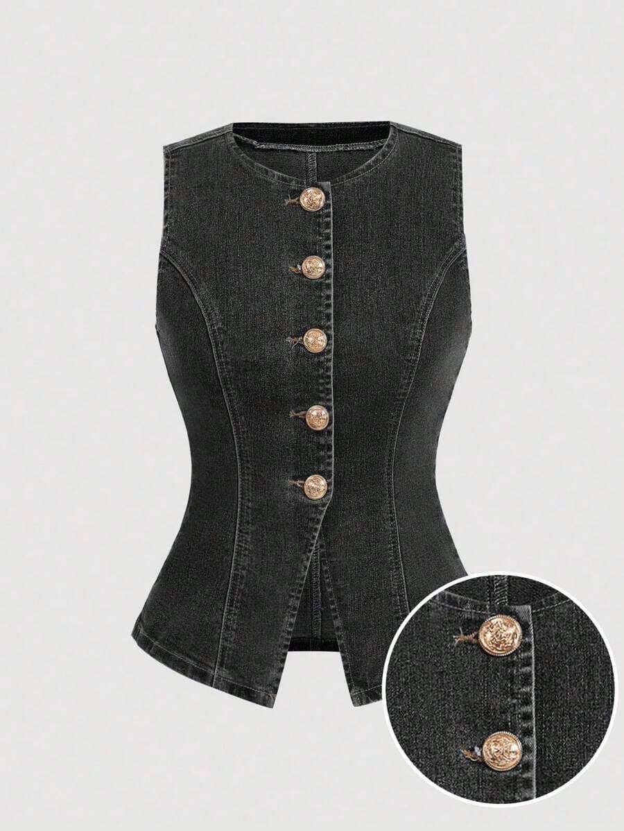 Top de mezclilla sin mangas para mujer, vaquero casual elástico y ajustado, de verano - Gris Oscuro - Ver 1
