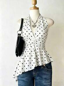 Blusa de verano negra de uso diario versátil con cuello halter, lunares y pliegues - Blanco - Ver 1
