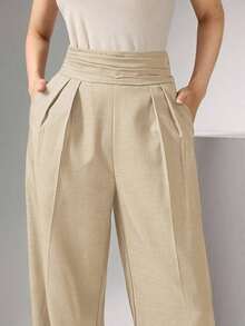 Pantalones anchos de cintura alta plisados, elegantes y apropiados para el trabajo en otoño/invierno - Caqui - Ver 6