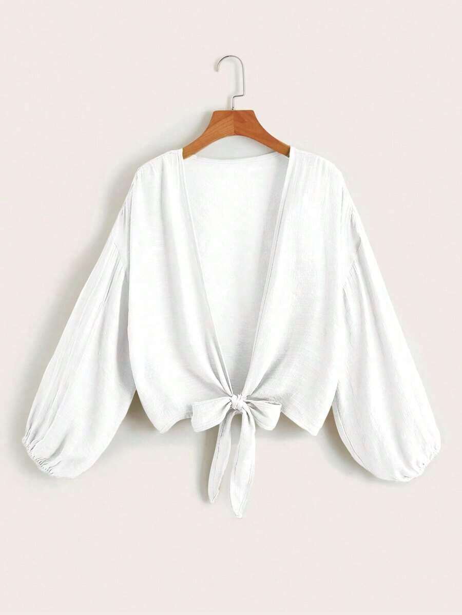 Swim Vcay Kimono corto de manga larga de unicolor y uso diario minimalista para mujer - Blanco 2 - Ver 1