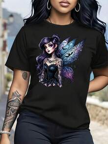 Talla Grande, 1 Unidad Camiseta de Mujer Talla Grande Estilo Gótico con Tatuajes - Cuello Redondo y Manga Corta Ideal para el Día a Día, Uso Casual y Eventos Góticos - Ropa Casual Versátil y Regalo - Negro - Ver 1