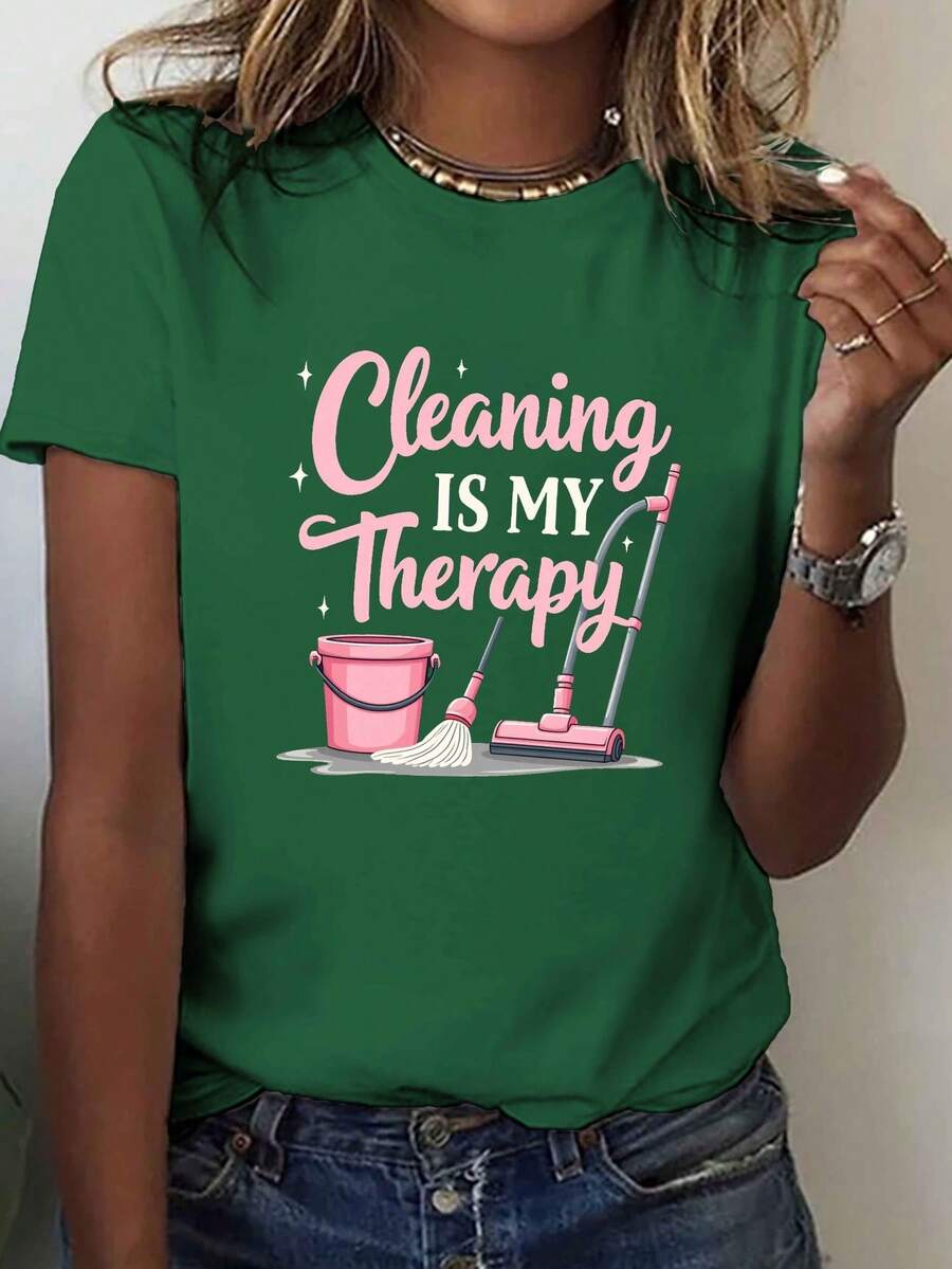 Limpiar es Mi Relajación" Camiseta con Estampado, Manga Corta y Cuello Redondo, Top Casual para Verano y Primavera, Ropa de Mujer - Verde - Ver 1