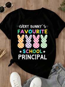 1 Piece Women's Easter Bunny T-Shirt, Everyone's Favorite School Principal's T-Shirt, Funny Spring Celebration Gift, Casual White Top, 180g 100% Cotton - 黑色 - 查看 4