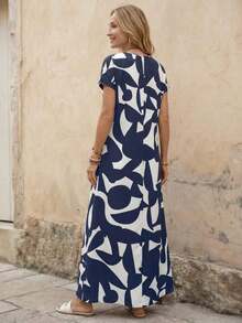 Vestido casual de mujer con estampado todo sobre, adecuado para vacaciones - Azul - Ver 2