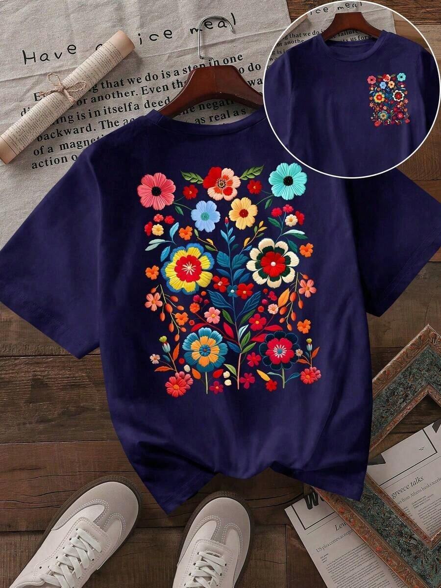 Howell Women's Black Short-Sleeved T-Shirt, Versatile Style, With Hand-Painted Daisy Floral Print, Casual And Cool For Summer - Navy Blue - View 1