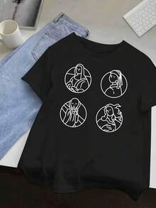 Women's Casual Short Sleeve T-Shirt With Cartoon Line Art And Four Large Paintings, Round Neck, Relaxed Fit, Breathable Fabric, Machine Washable, Multicolor Options S-XXL For Spring/Summer, Ladies' T-Shirts, Summer Clothes, Medium Elasticity - 黑色 - 查看 1
