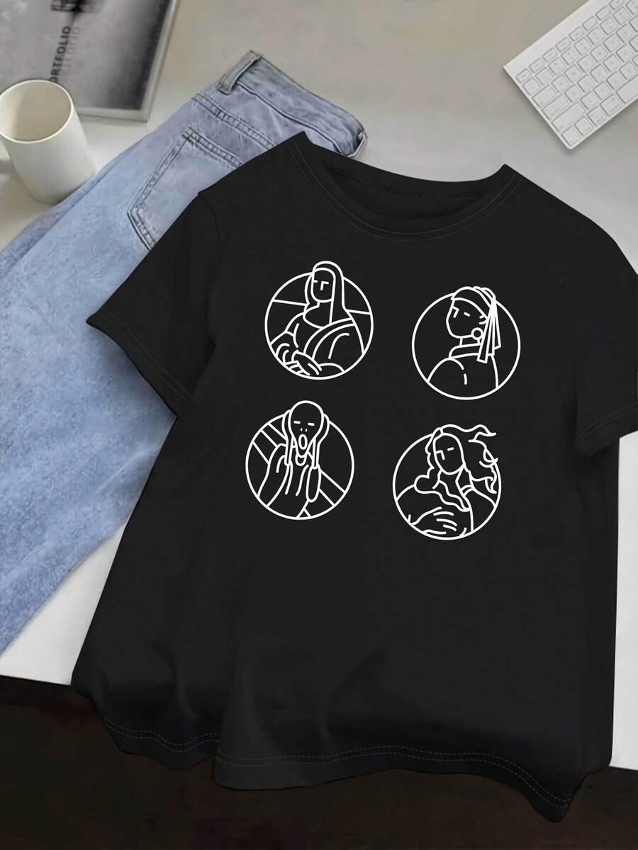 Women's Casual Short Sleeve T-Shirt With Cartoon Line Art And Four Large Paintings, Round Neck, Relaxed Fit, Breathable Fabric, Machine Washable, Multicolor Options S-XXL For Spring/Summer, Ladies' T-Shirts, Summer Clothes, Medium Elasticity - 黑色 - 查看 1
