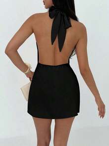 Vestido mini plisado de mujer con espalda abierta y atado - Multicolor - Ver 2