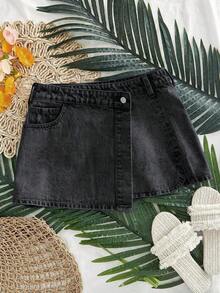 Minifalda vaquera casual con bajo asimétrico para mujer - Negro - Ver 12