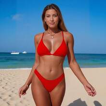 Traje de baño bikini de color sólido, sexy, de dos piezas, estilo triángulo. - rosa - Ver 7