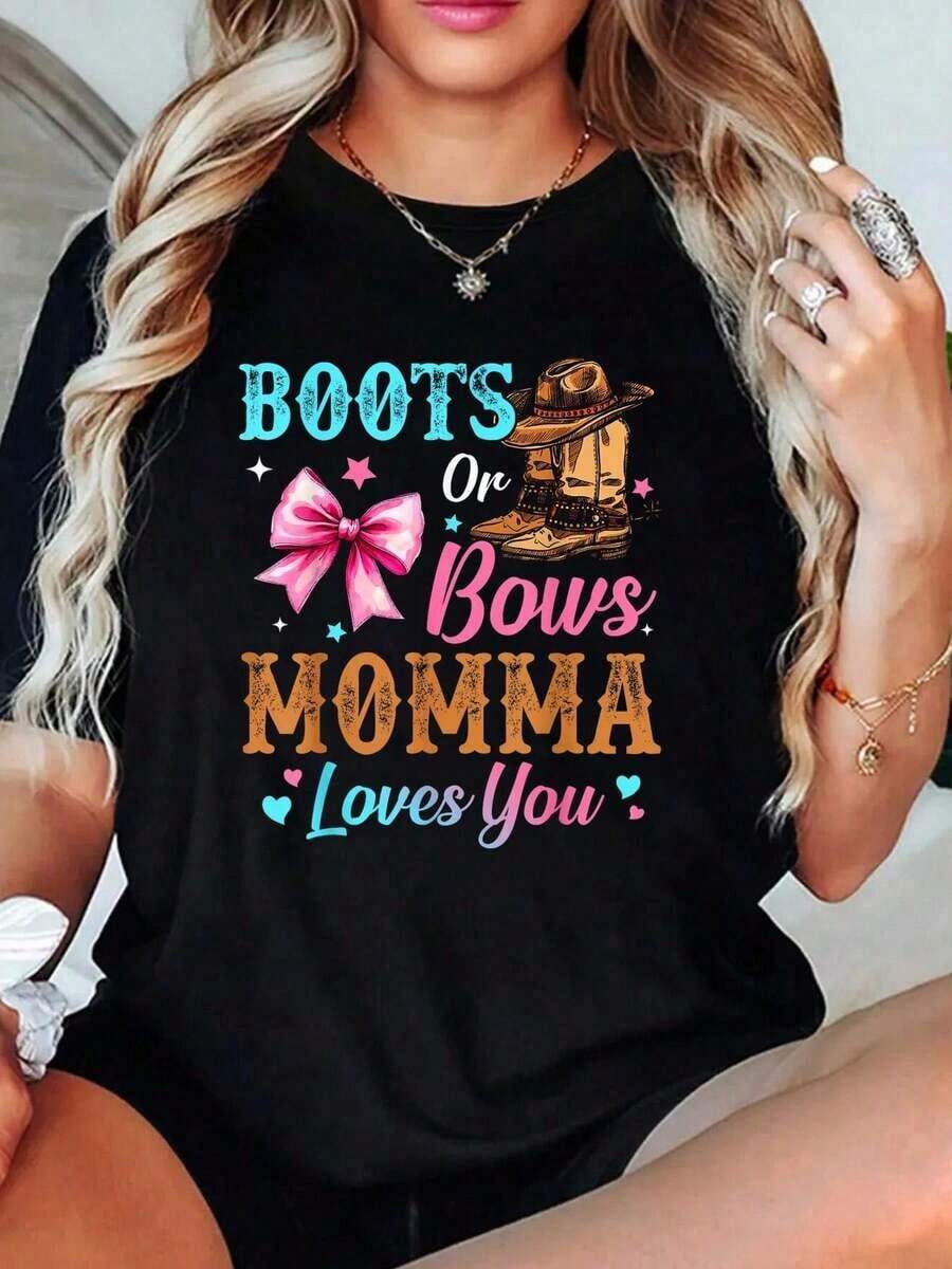 100% cotton Botas o Lazos, Mamá Te Quiena, Conjuntos de Camisetas Familiares para Revelación de Género para Mujeres - Negro - Ver 1